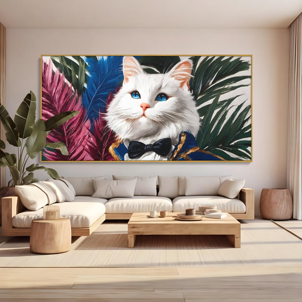 Tablou canvas cu tablou canvas cu pisica in costum, in rama de aluminiu auriu, pe perete intr-un living